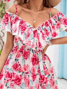 SHEIN VCAY Của phụ nữ Off-shoulder In hoa Ruffle Đường viền cổ áo Lễ tình nhân Màu hồng Đầm Với Trang trí Edging - Hồng - Xem 2