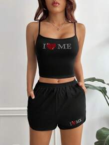 SHEIN EZwear Top De San Valentín Con Patrón De Corazón Y Eslogan De Pedrería Y Shorts Con Patrón De Corazón Y Eslogan De Pedrería - Negro - Ver 6