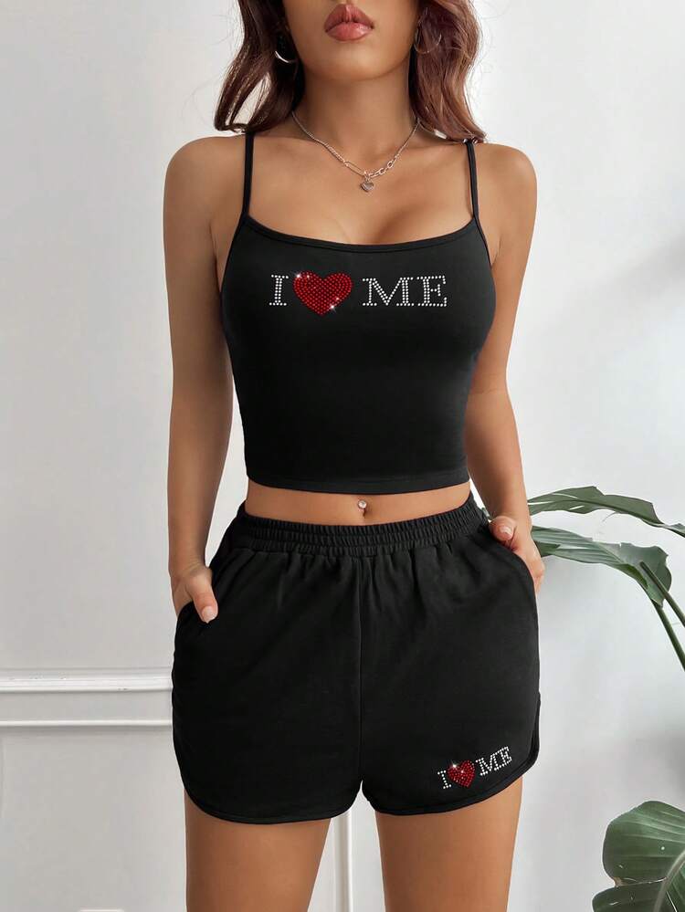 Rhinestone Slogan Heart Pattern Valentines Top & Rhinestone Slogan Heart Pattern Shorts