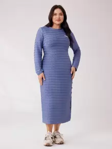 Mulvari Kích thước lớn Của phụ nữ Vá chữ cái Dệt kim Vòng cổ Tay áo dài Đầm - Màu xanh lam - Xem 6