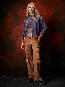 HOUSE OF THE DRAGON X SHEIN Drop Shoulder Graphic Hoodie - Black - View 4