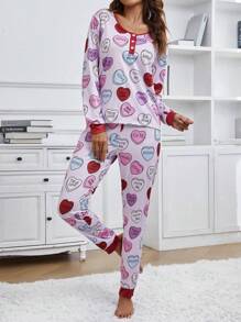 Conjunto De Pijama De Manga Larga Y Pantalón Para Mujer Con Estampado De Carta Y Corazón