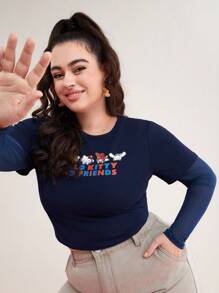 HELLO KITTY AND FRIENDS | SHEIN 卡通標語印花2合1上衣（大尺碼） - 藏蓝色 - 查看 7