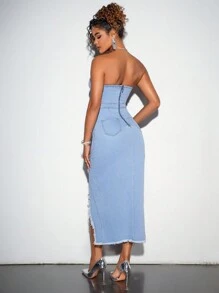 SHEIN BAE Denim Strapless Dress With Frayed Hem And High Slit - Blue - View 2