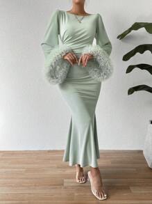 RosyDaze Trumpet Sleeve Lace Trim Mermaid Dress Maxi Women Outfit Fall Cloth For Women - Mint Green - View 5