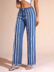 SHEIN BAE Ladies' Straight Leg Jeans With Frayed Patchwork