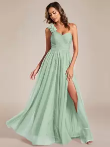 EVERPRETTY 优雅春季不对称单肩高开衩薄纱鼠尾草绿伴娘礼服，婚礼宾客礼服 - 薄荷綠 - 查看 7
