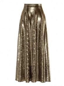 EARO Elegant Long Flare Skirt For Party, With Shiny Sequins And Comfortable Stretchy Fabric, New Spring/Autumn High-End Flattering Loose Fit Cinched Waist Sequin Skirt - màu đen - Xem 1