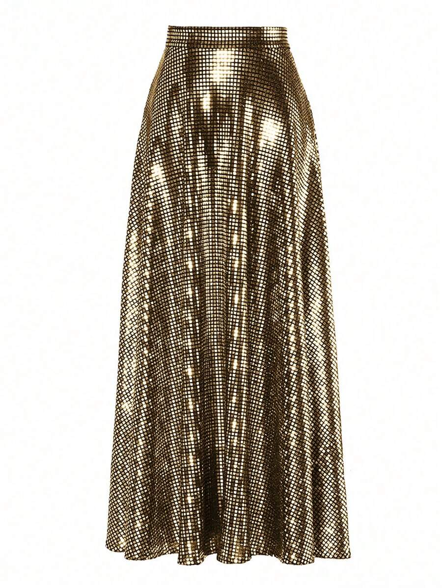 EARO Elegant Long Flare Skirt For Party, With Shiny Sequins And Comfortable Stretchy Fabric, New Spring/Autumn High-End Flattering Loose Fit Cinched Waist Sequin Skirt - màu đen - Xem 1