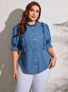 SHEIN LUNE 女款大尺碼荷葉邊裝飾正面羈絆牛仔襯衫 - 藍色 - 查看 4