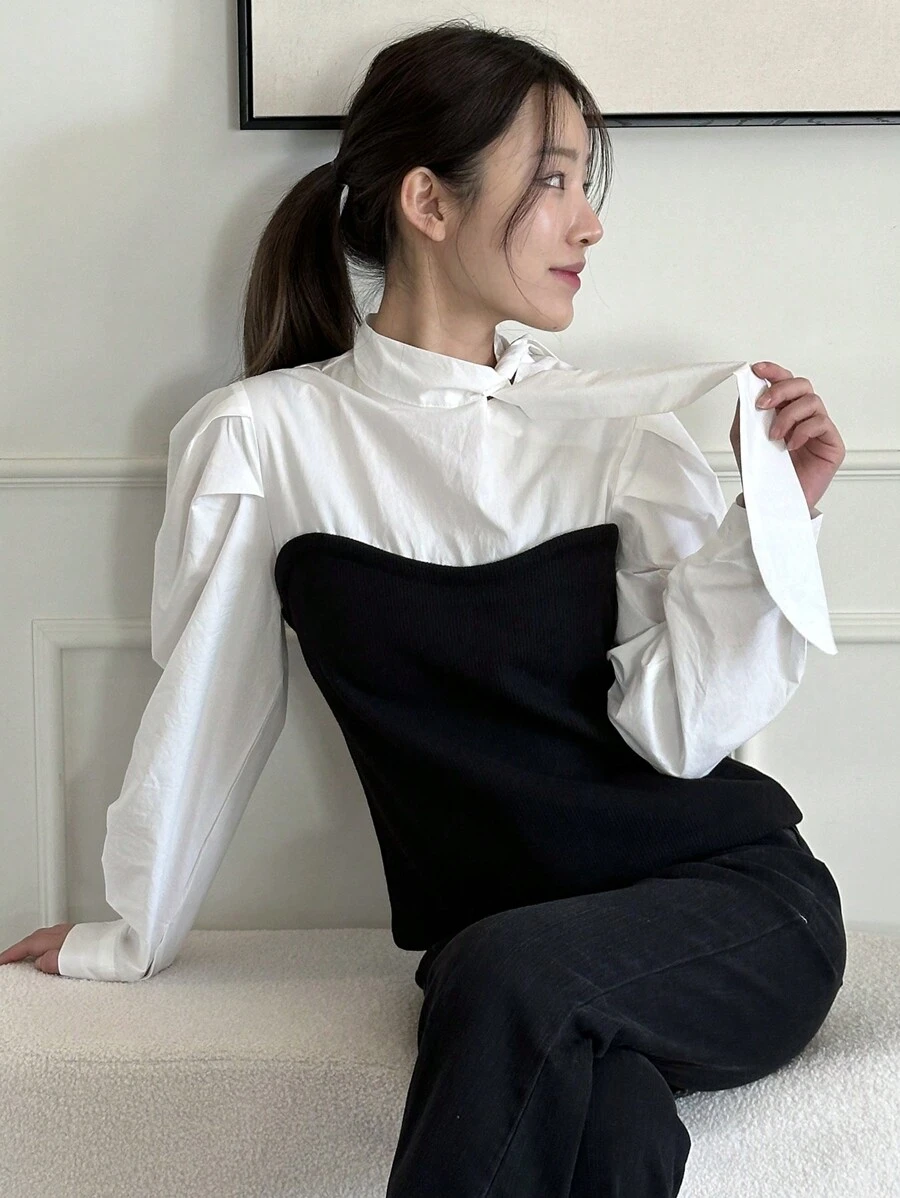 DAZY Women's Colorblock Bow Tie Neck Blouse With Leg-Of-Mutton Sleeves,Ruffle Long Sleeve Women Tops - Black - View 1