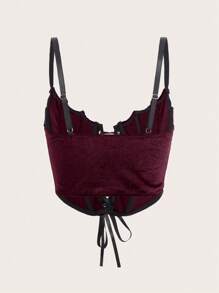 ROMWE Goth Lace Up Front Contrast Piping Cami Top - Burgundy - View 2