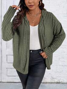 SHEIN LUNE 女士加大碼純色肋紋拉鍊前帽兜外套 - 軍綠色 - 查看 3