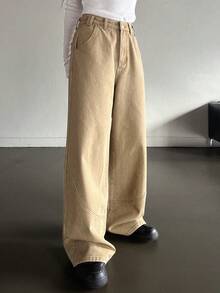 DAZY Của phụ nữ Màu thuần quần ống rộng Quần jean Với Nghiêng Túi - Màu Khaki - Xem 2