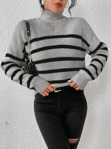 SHEIN Essnce 女士條紋高領毛衣 - 灰色 - 查看 6