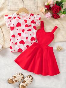 SHEIN Top Con Corpiño De Volantes Y Vestido Tipo Pinafore Para Niña Con Diseño De Corazones