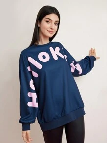 HELLO KITTY AND FRIENDS | SHEIN 女士字母&卡通印花垂肩長袖運動衫 - 寶藍色 - 查看 6