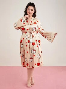 HELLO KITTY AND FRIENDS | SHEIN روب بأحجام كبيرة بتصميم كرتوني يحمل طبعة قلوب - كاكي - مشاهدة 4