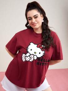 HELLO KITTY AND FRIENDS | SHEIN Plus Cartoon Letter Print Round Neck T-Shirt - Red - View 7