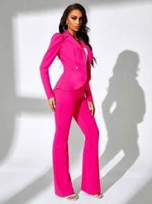 SHEIN SXY Commute Minimalist Office  Simple Fall Elegant, Casual And Sexy Party Wear Red Color Women's Long Sleeve Suit Jacket And Trousers 2pcs Set