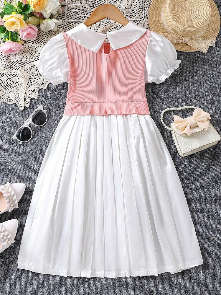 Tween Girls' Collared Knitted Patchwork Puff Sleeve Dress With Pleated Hem