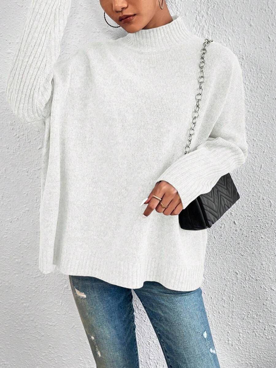 Cloudara Mock Neck Batwing Sleeve Sweater - White - View 1