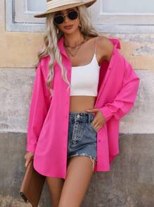 SHEIN LUNE Women's Solid-Colored Drop-Shoulder Shirt Fall Cloth For Women - Red Violet - View 5