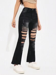 SHEIN PETITE Frayed Hem Flared Jeans With Washed & Distressed Effect ,Petite Women - Black - View 5