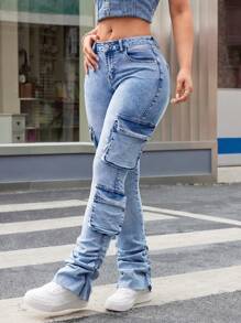 SHEIN ICON Pantalones Acampanados De Cintura Alta, Acampanados Y De Cintura Alta En Tejido Vaquero - Lavado ligero - Ver 4