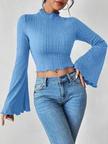 SHEIN Privé 優雅的女士鐘形袖t恤 - 藍色 - 查看 5