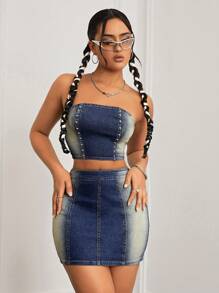 SHEIN ICON Women's Denim Strapless Top With Rivets - Blue - View 5