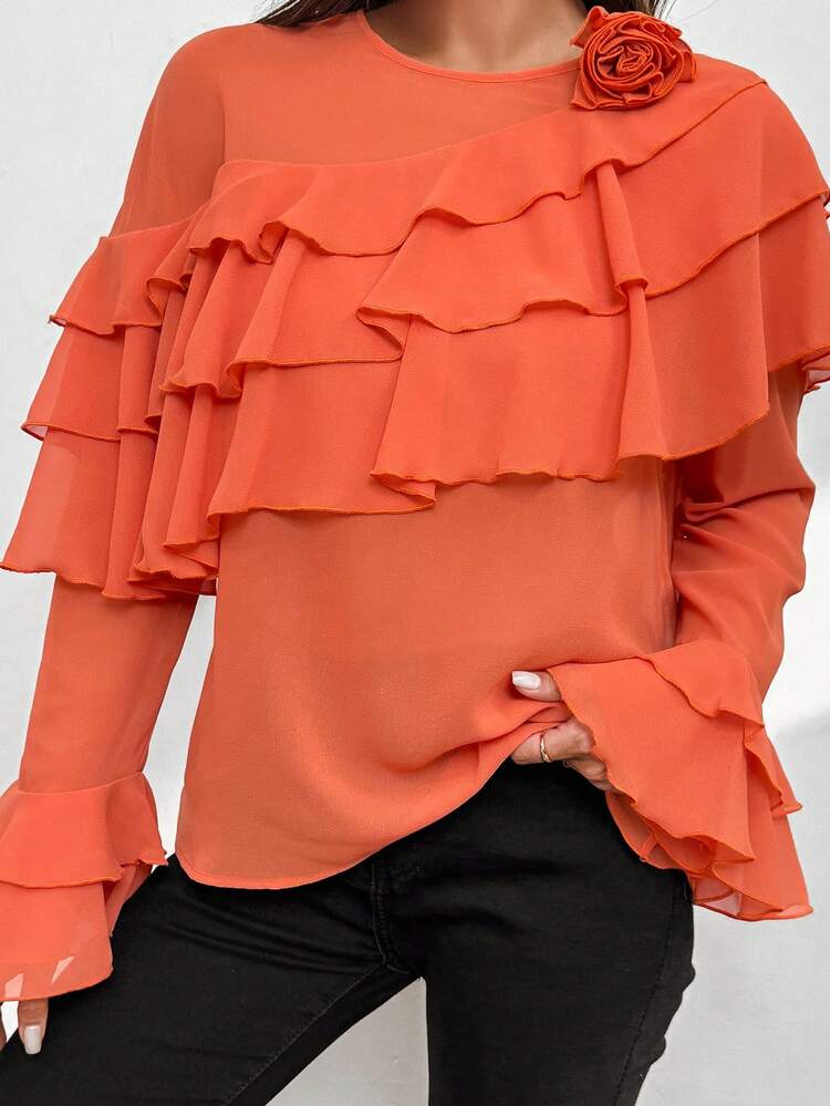 Solid Color Decorative 3d Flower Embellished Ruffle Trim Top