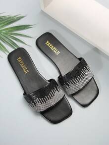 Flat-Toe Slide Sandals With Black Rhinestone Detailing For Women - Black - View 5