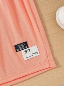 Teenage Girls' 3pcs/Set Letter Patch High Low Hem Hoodie, Tank Top & Shorts Outfit - Orange - View 6