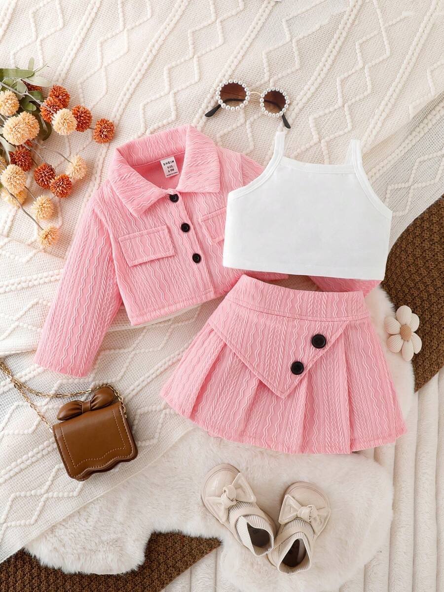 SHEIN Conjunto Elegante Vintage De Tres Piezas Para Niña Con Chaqueta Y Falda Abotonada Exquisita, Para Primavera Y Otoño - Rosa - Ver 1