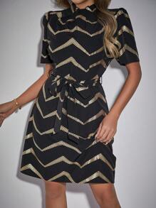 Chiquease Puff Sleeve Belted Dress - Black - View 5