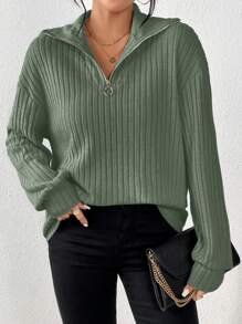 SHEIN Frenchy 女士半拉鍊綁帶紋背心上衣 - 綠色 - 查看 4