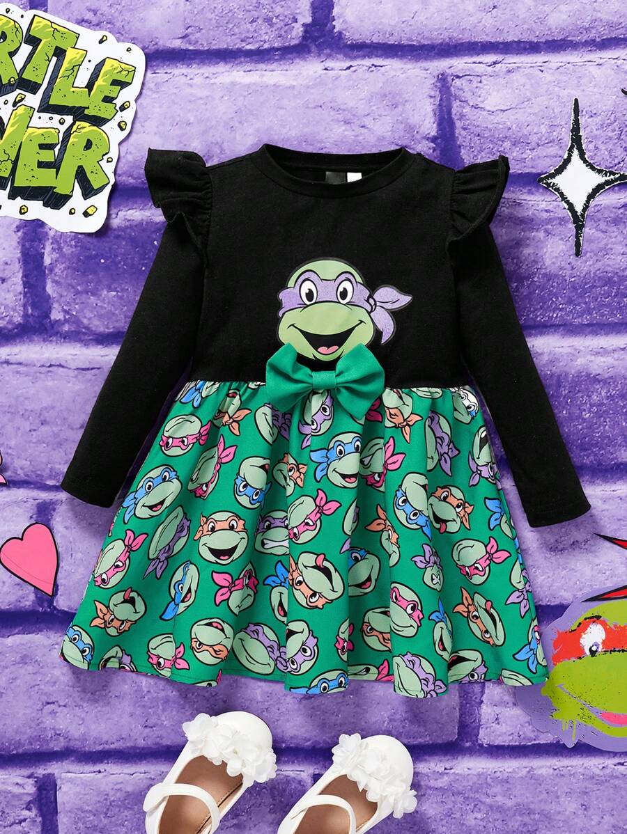 TEENAGE MUTANT NINJA TURTLES | SHEIN Baby Girl Cartoon Turtle Print Long Sleeve Dress With Bow Decoration - Black - View 1