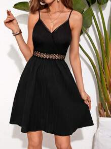 SHEIN VCAY Women'S Patchwork Lace Trimmed V-Neck Spaghetti Strap Summer Dress - Black - View 1