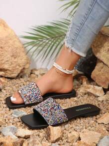Women Rhinestone Decor Toe Ring Flat Sandals, Glamorous Party Slide Sandals - Multicolor - View 3
