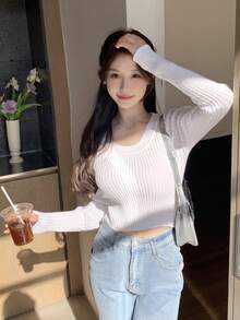 DAZY Women's Round Neck Long Sleeve Sweater Fall - White - View 3