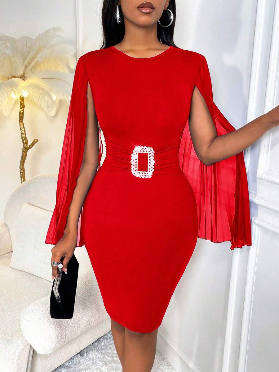 SHEIN Clasi Solid Color Cape Sleeve Dress With Rhinestone Decoration - Red - View 1