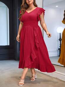 SHEIN Privé Plus Size Solid Color Cap Sleeve Dress For Women