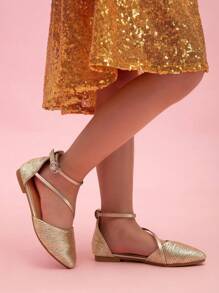 春季新款幼兒女童羅馬風簡約休閒尖頭平底鞋戶外 - 金色 - 查看 4