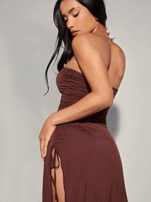 SHEIN BAE High Split Strapless Dress - Brown - View 5