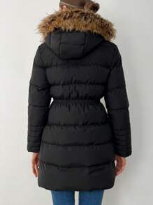 EURMUSE Women's Fashionable Versatile Cinched Waist Faux Fur Collar Hooded Jacket, Winter - Black - View 2