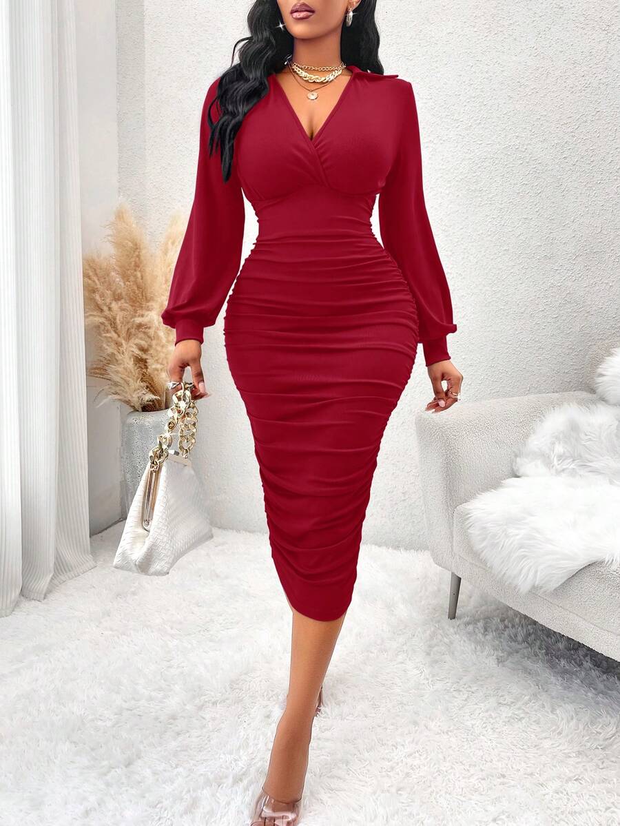 AIJ Amarilo V-Neck Long Sleeve Ruched Fitted Midi Dress, Casual For Party, Holiday - Burgundy - View 1