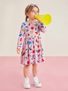 HELLO KITTY AND FRIENDS | SHEIN 少女休閒可愛風格Hello-Kitty粉色全印花裙子，適用於春夏季節 - 彩色 - 查看 4