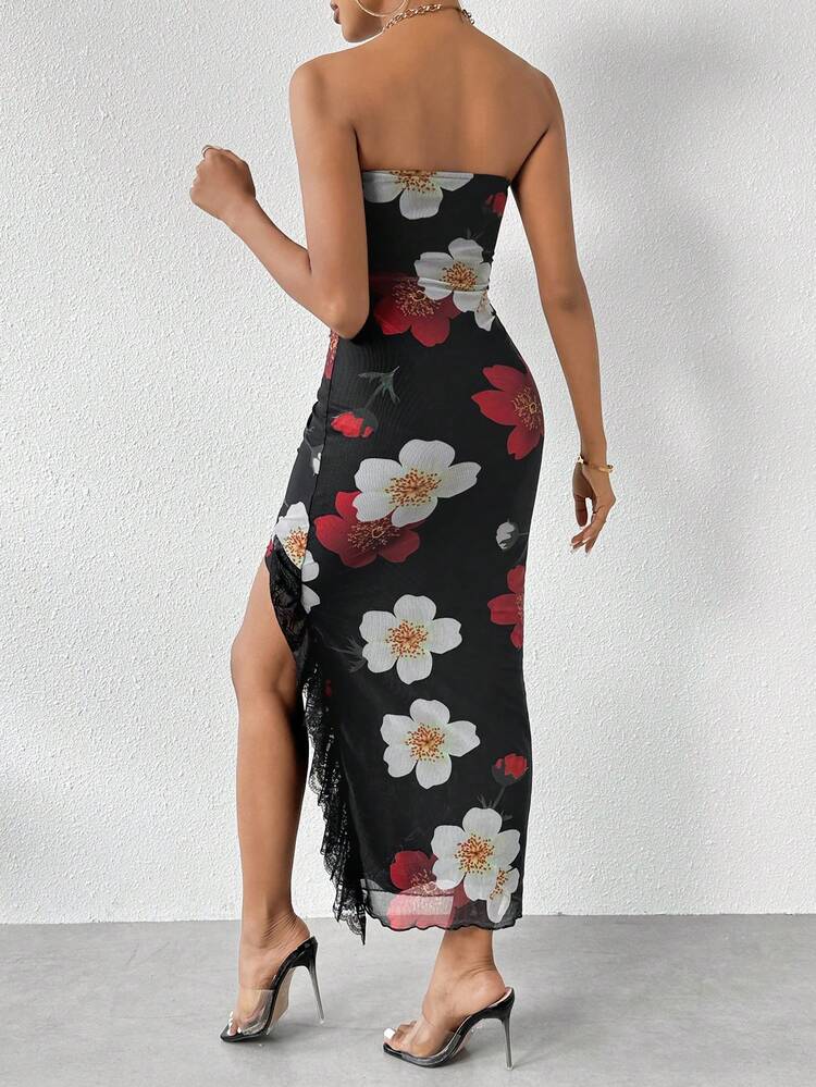 Women's Floral Printed Patchwork Lace Side Slit Dress
