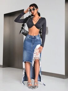 SHEIN ICON 女士磨損破邊牛仔裙 - 中等水洗藍 - 查看 5